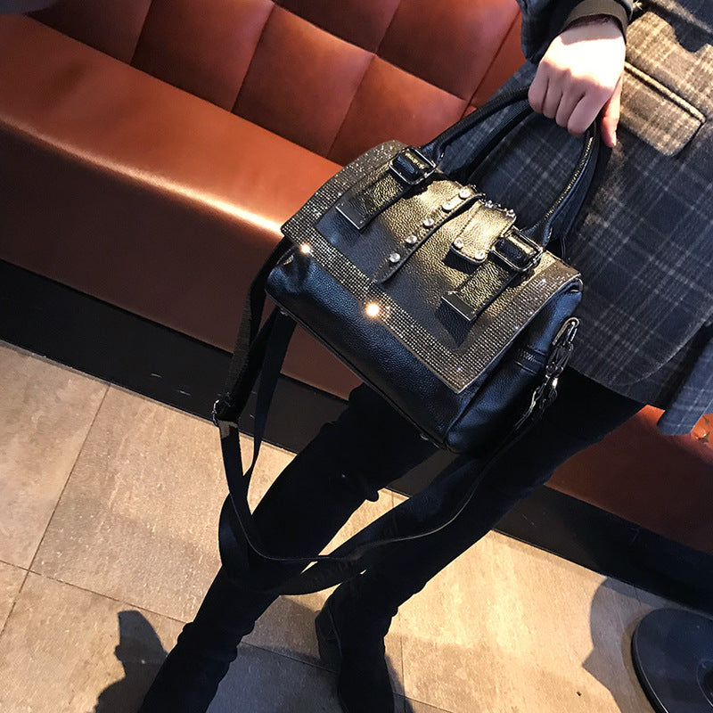 Soft Leather Handbag – Large-Capacity Cowhide Rhinestone Fashion Bag