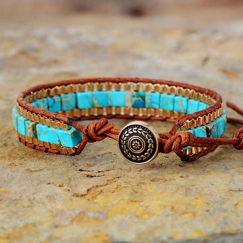 Fashion Imperial Stone Hand-Woven Leather Bracelet blends rich leather, striking imperial stone, and artisan weaving for a timeless boho statement.
