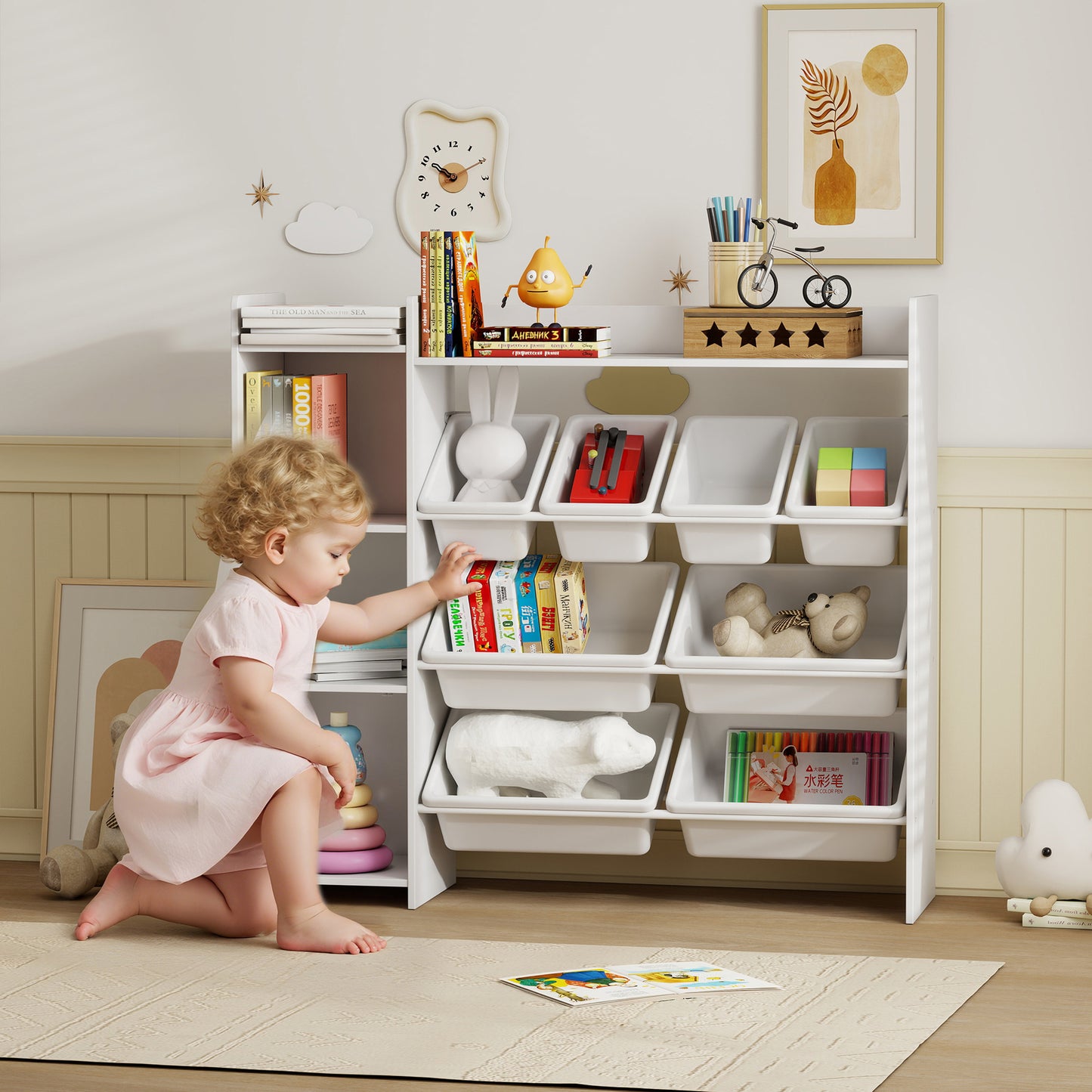 Storage unit with 8 removable bins—perfect for organizing kids’ rooms and playrooms.