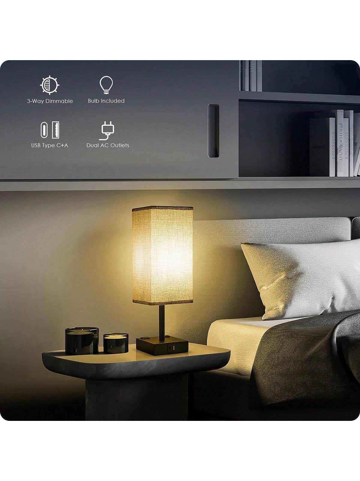 Stylish Touch Bedside Table Lamps Set of 2 - 3-Way Dimmable with USB & AC Ports, Perfect for Bedroom & Living Room (Bulb Included)