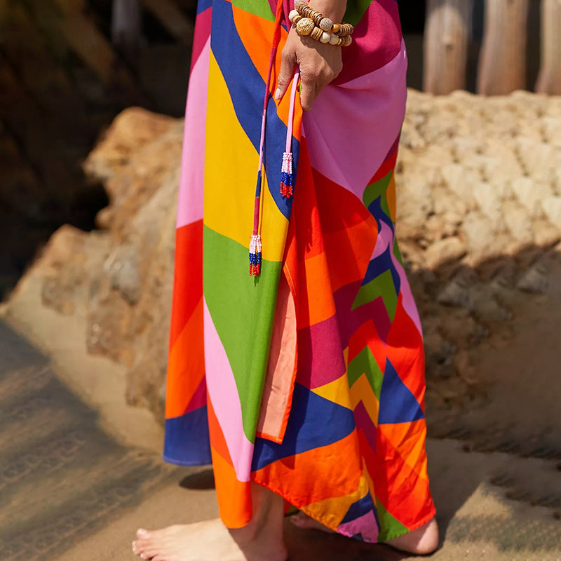 Polyester Printed Pull-belt Long Dress Beach Jacket Sun Protection Robe