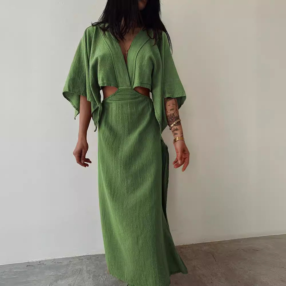 New Hollow Backless Sexy Slim Cotton And Linen Long Dress
