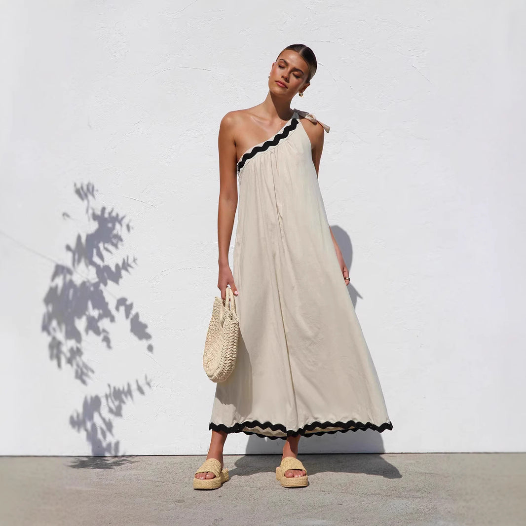 New Style Slant Shoulder Lace-up Vacation Style Long Women's Dress