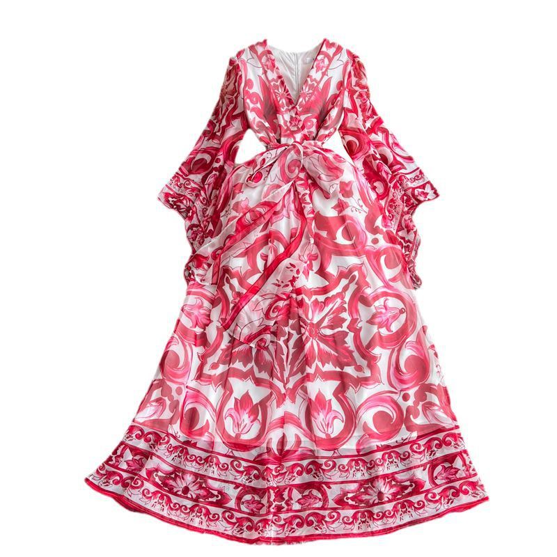 Light Luxury Temperament Flared Long Sleeve Waist Slimming Blue And White Porcelain Dress