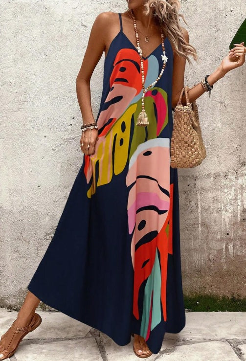 Women's Fashionable Colorful Leaf Printed Strappy Dress Maxi Women Outfit