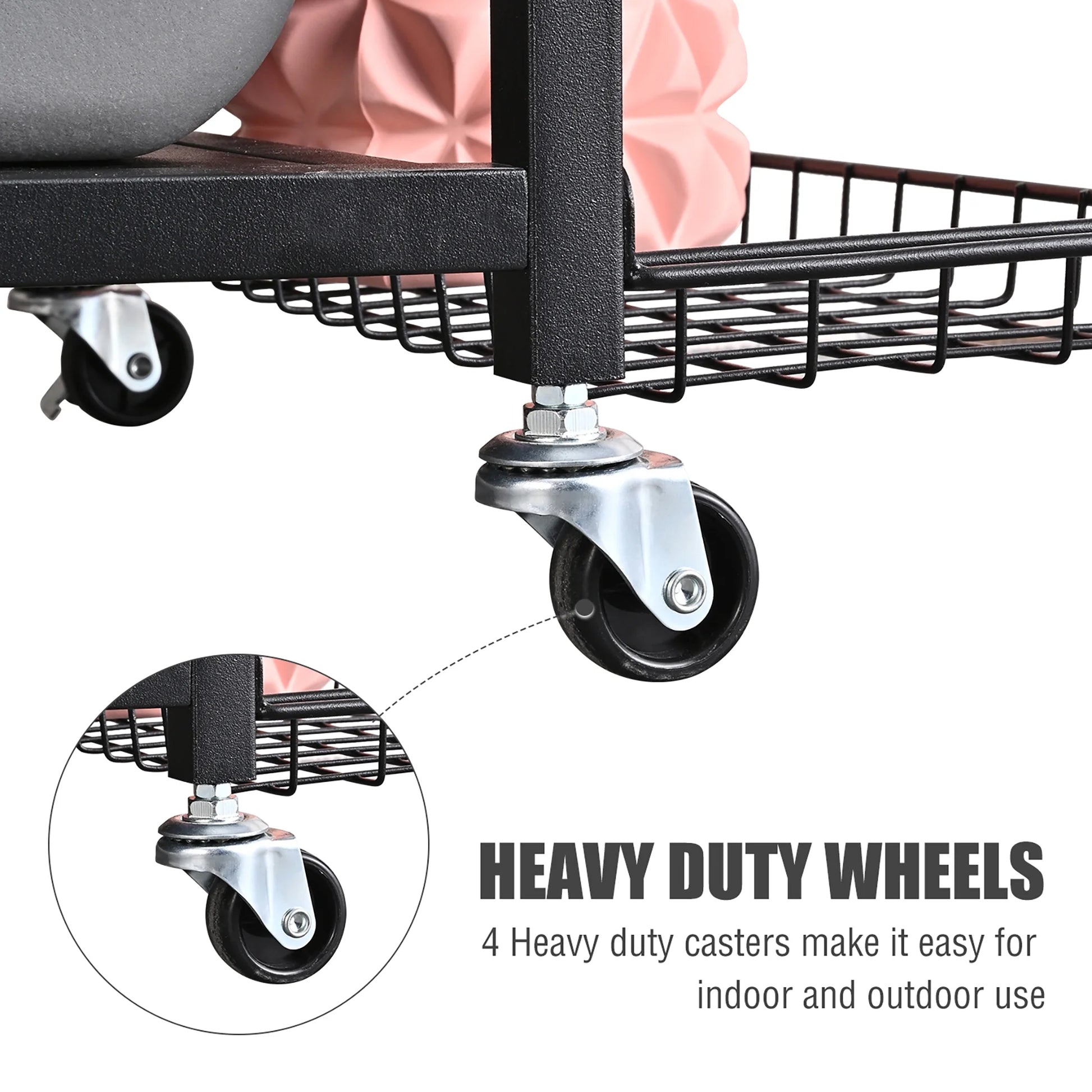 Yoga Mat and Workout Equipment Storage Rack with Hooks and Wheels for Home Gym Organization