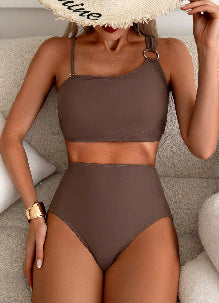 Women's 2 Piece Tummy Control Bikini Set High Waist Asymmetrical Metal Ring Swimsuit