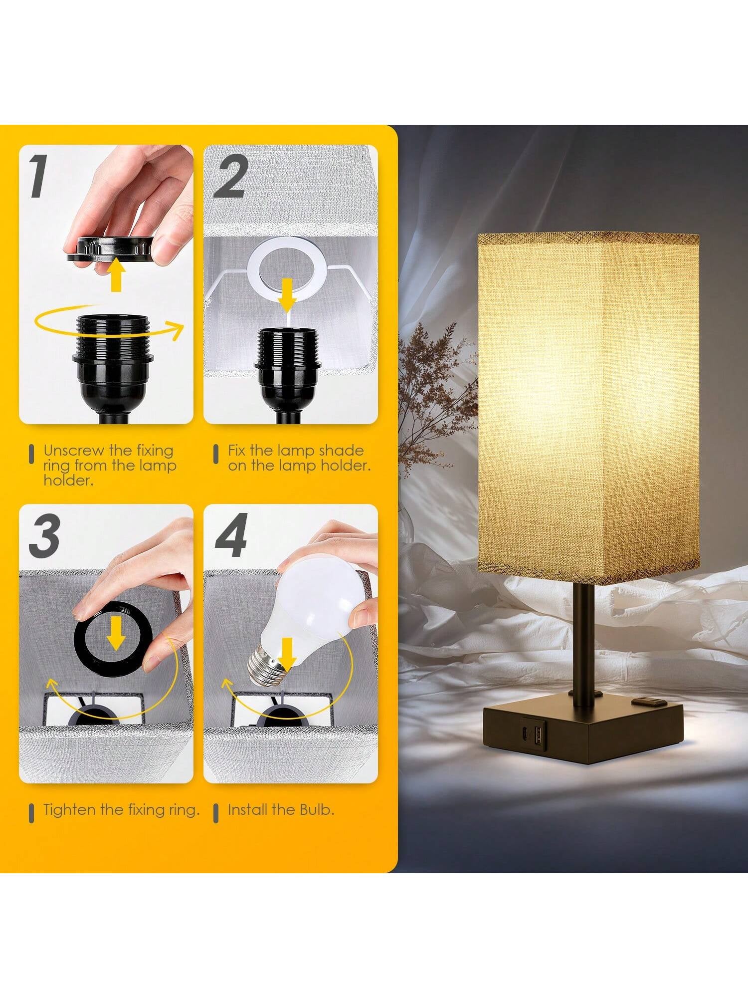 Stylish Touch Bedside Table Lamps Set of 2 - 3-Way Dimmable with USB & AC Ports, Perfect for Bedroom & Living Room (Bulb Included)