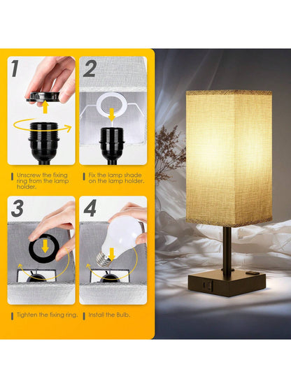 Stylish Touch Bedside Table Lamps Set of 2 - 3-Way Dimmable with USB & AC Ports, Perfect for Bedroom & Living Room (Bulb Included)