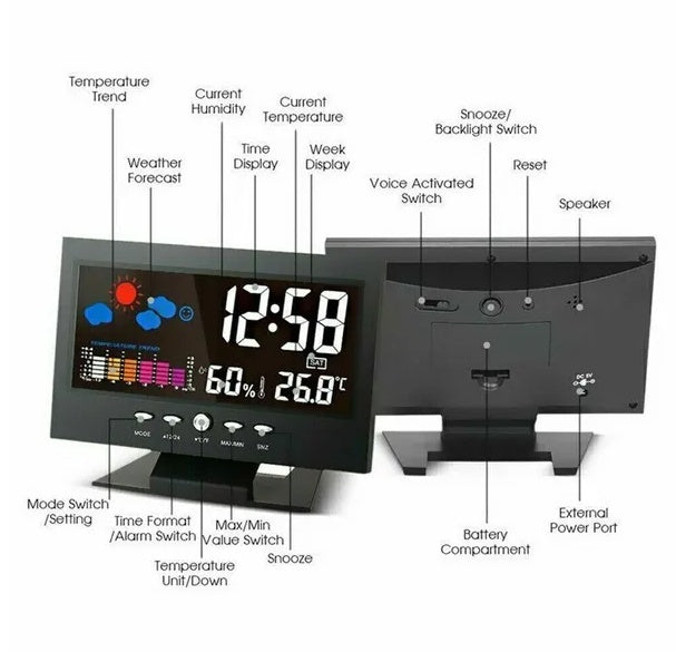 LED Digital Alarm Clock with Snooze, Calendar, Thermometer & Hygrometer Weather Display