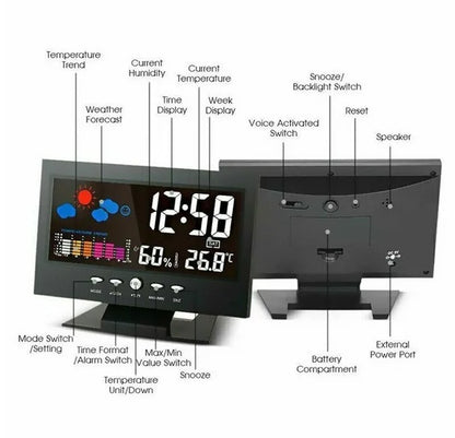 LED Digital Alarm Clock with Snooze, Calendar, Thermometer & Hygrometer Weather Display