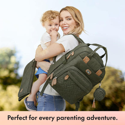 Stylish Army Green Diaper Bag Backpack with Portable Changing Pad, Pacifier Case & Stroller Straps - Perfect for Moms & Dads!