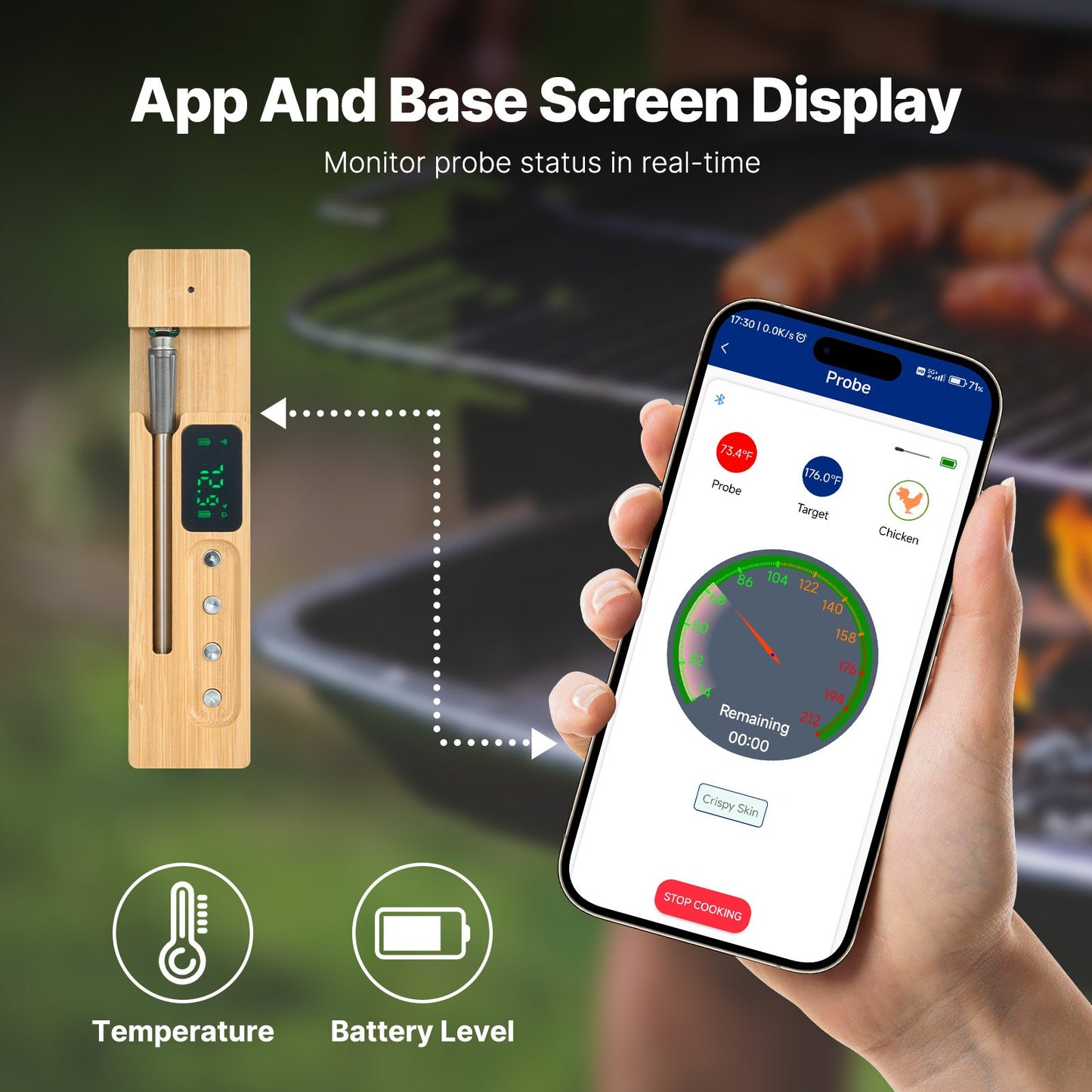 Wireless Meat Thermometer Bluetooth Meat Probe – 500 ft Range with App & Base Screen Display