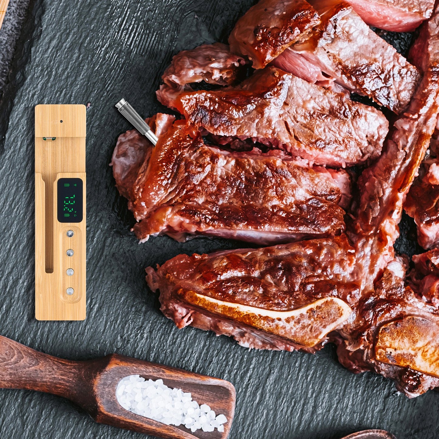 Wireless Meat Thermometer Bluetooth Meat Probe – 500 ft Range with App & Base Screen Display