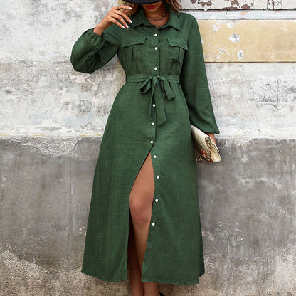 This women’s green long sleeve dress features a classic turn-down collar and solid color design for a timeless, flattering look.
