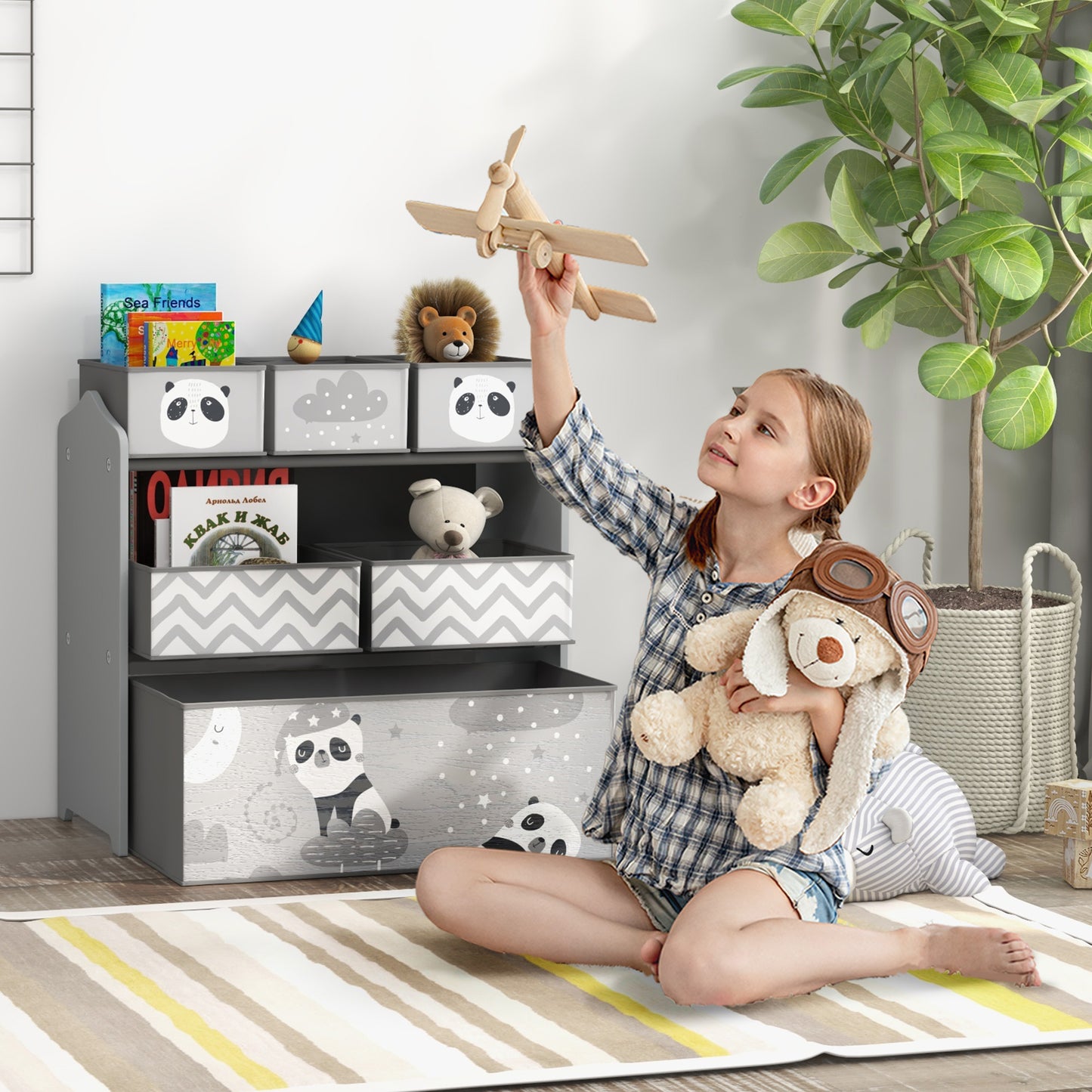 Kids Toy Organizer with 6 Storage Bins, 25" x 12" x 26", Gray