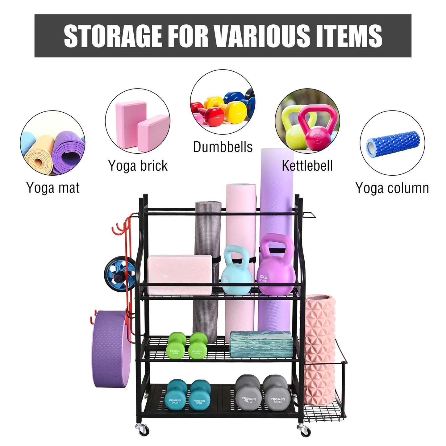 Yoga Mat and Workout Equipment Storage Rack with Hooks and Wheels for Home Gym Organization