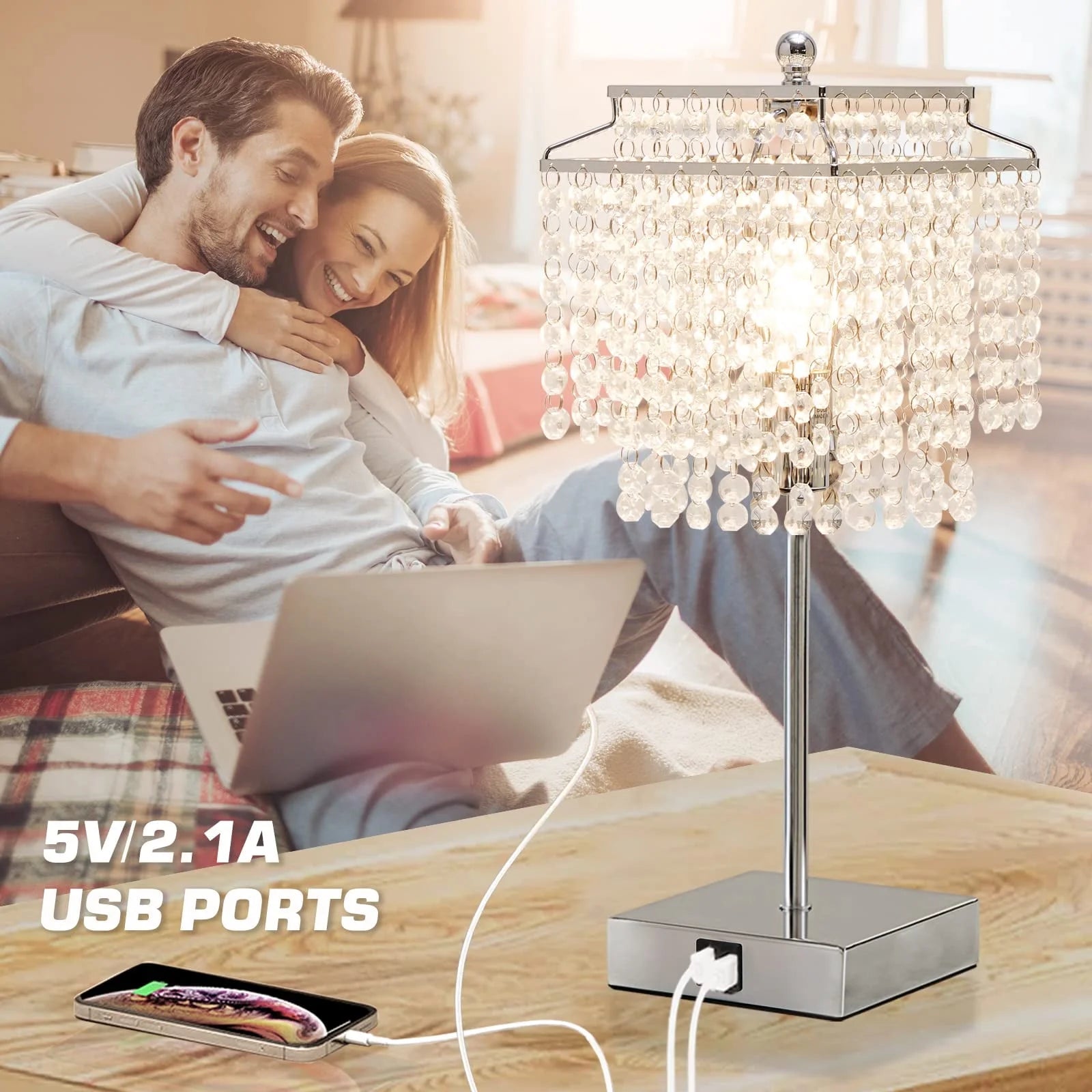 Sleek Silver Modern Touch Table Lamp with Dual USB Charging Ports - 3-Way Dimmable Crystal Shade Nightstand Lamp for Girls Bedroom & Living Room