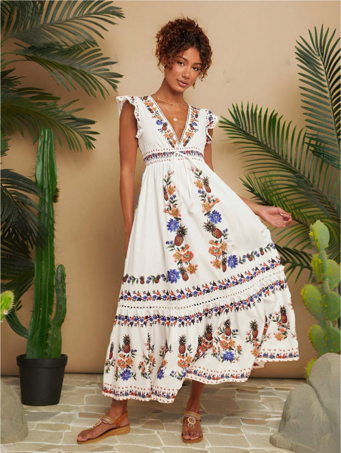 Women's Holiday Print V-neck Cover Sleeve Dress