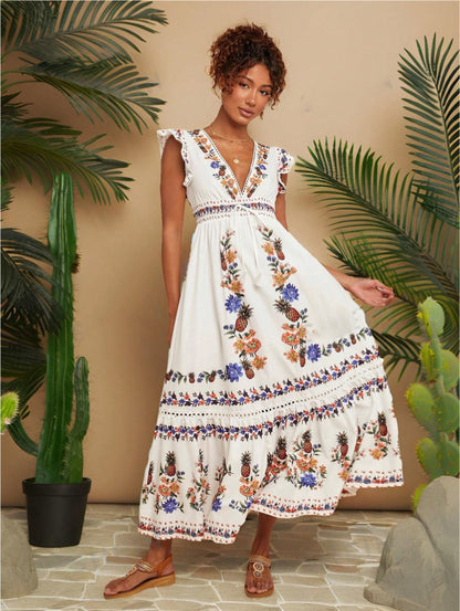 Women's Holiday Print V-neck Cover Sleeve Dress