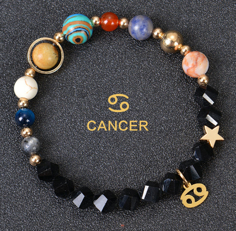 Carry the energy of the cosmos wherever you go. This Eight Planets Twelve Constellations Frosted Stone Beaded Bracelet blends.