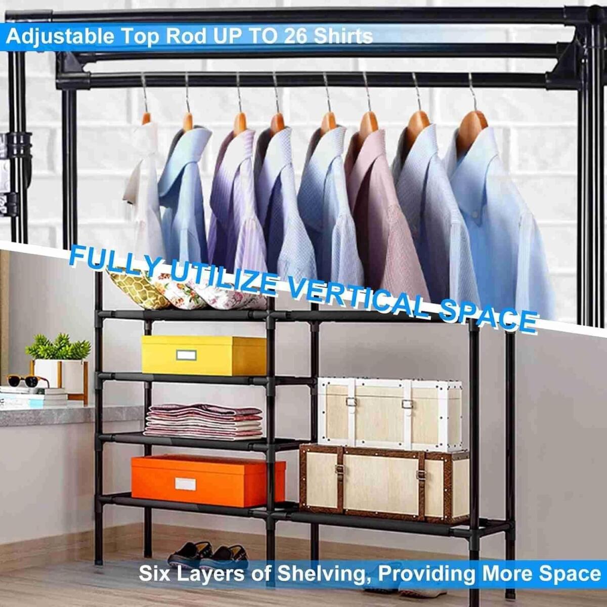 Heavy duty clothes rack with double rods, 4-tier shelves, and rotatable design. Perfect for organizing, storing, and displaying clothes in style.