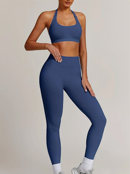 Women’s yoga set with supportive sports bra and high-waist leggings that sculpt and stay put.