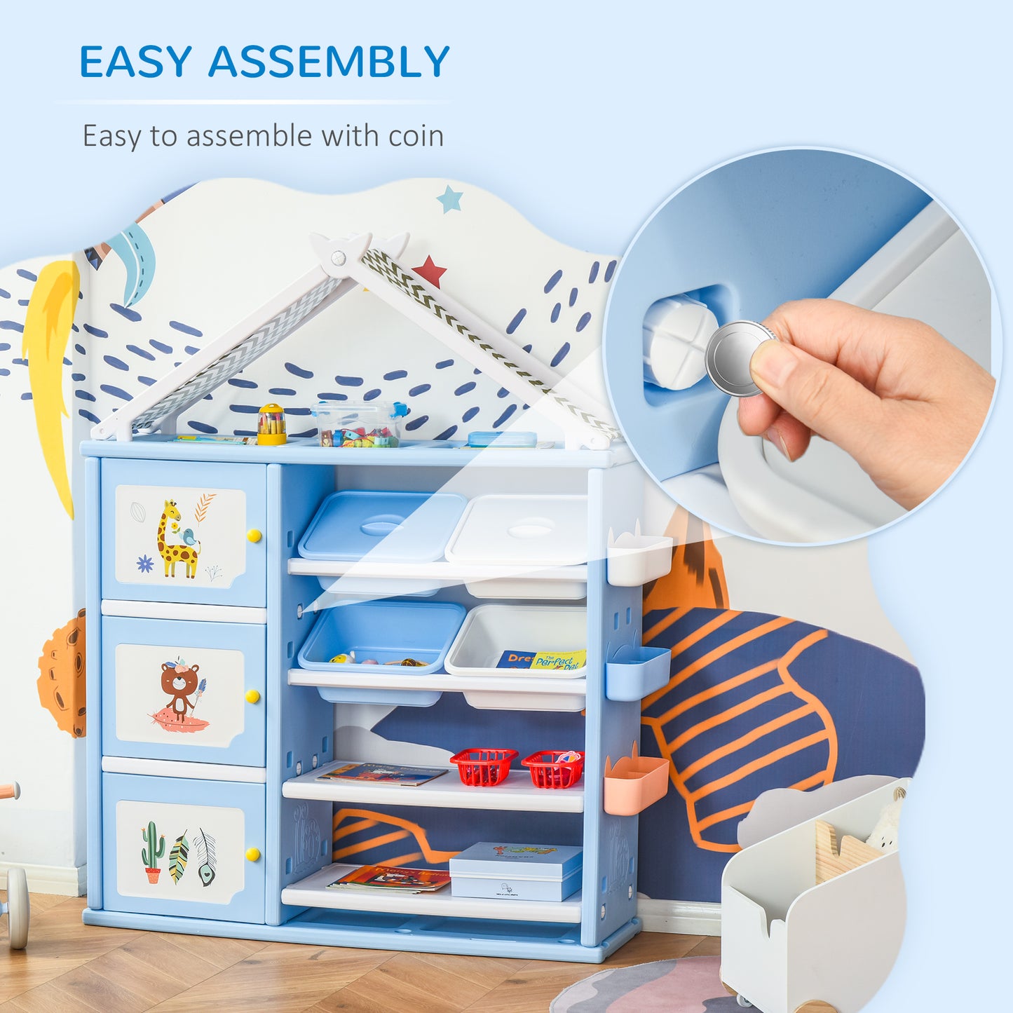 Toy storage unit with 4 removable bins—perfect for organizing kids’ rooms and playrooms.