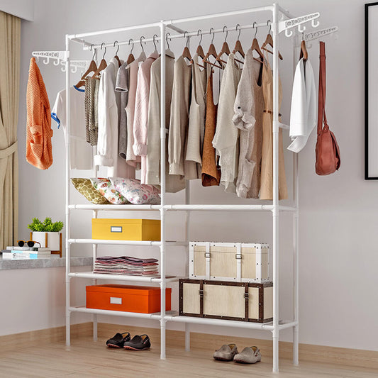 Heavy duty clothes rack with double rods, 4-tier shelves, and rotatable design. Perfect for organizing, storing, and displaying clothes in style.