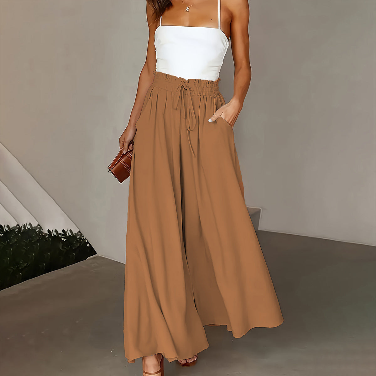 New Casual Elastic High Waist Solid Color Wide Leg Pants