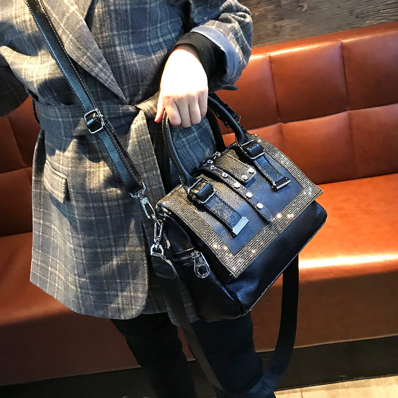 Soft Leather Handbag – Large-Capacity Cowhide Rhinestone Fashion Bag