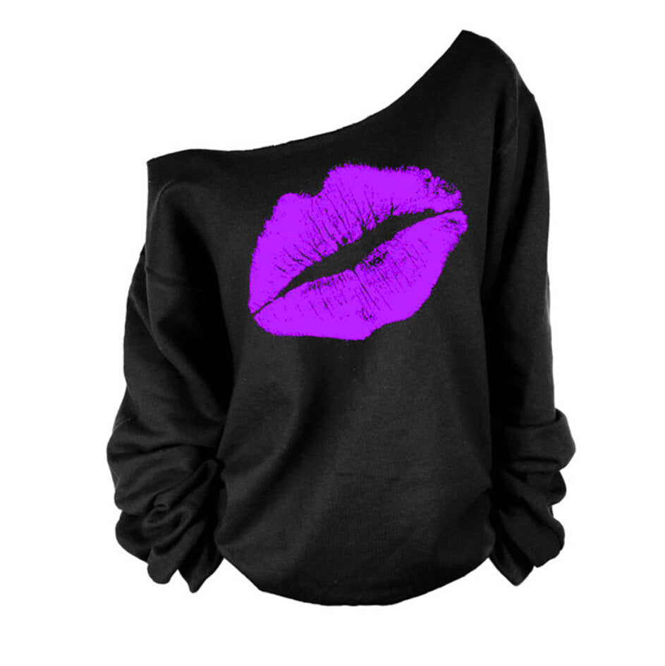 Lip Print Slant Shoulder Top – Trendy One-Shoulder Fashion Statement