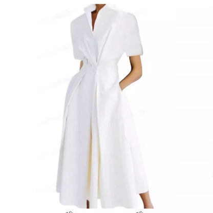 Commuting Fashion Polo Collar Shirt Elastic Waist Large Swing Dress