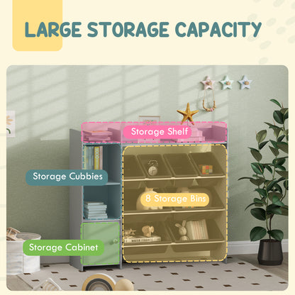Toy Storage Unit With 8 Removable Bins, Storage Shelves, Cabinet, Grey