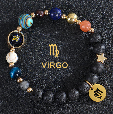 Carry the energy of the cosmos wherever you go. This Eight Planets Twelve Constellations Frosted Stone Beaded Bracelet blends.