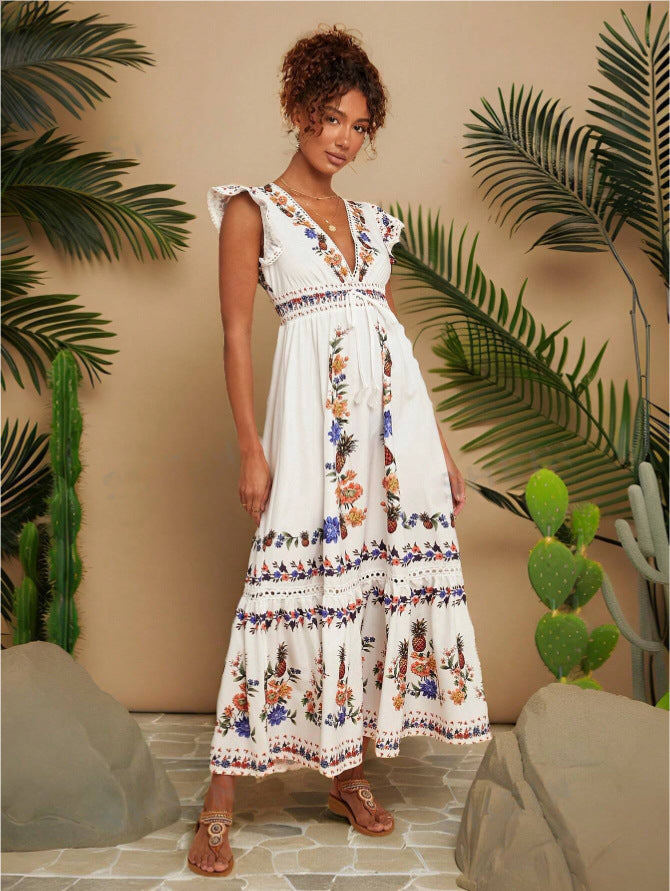 Women's Holiday Print V-neck Cover Sleeve Dress