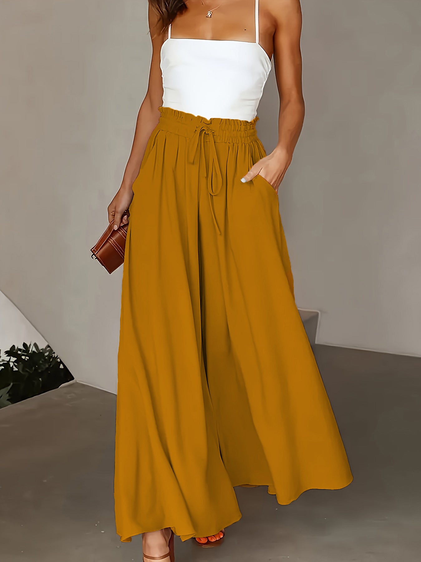 New Casual Elastic High Waist Solid Color Wide Leg Pants