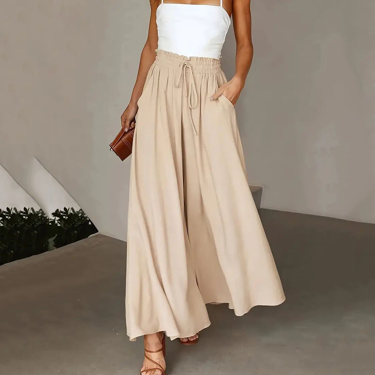 New Casual Elastic High Waist Solid Color Wide Leg Pants