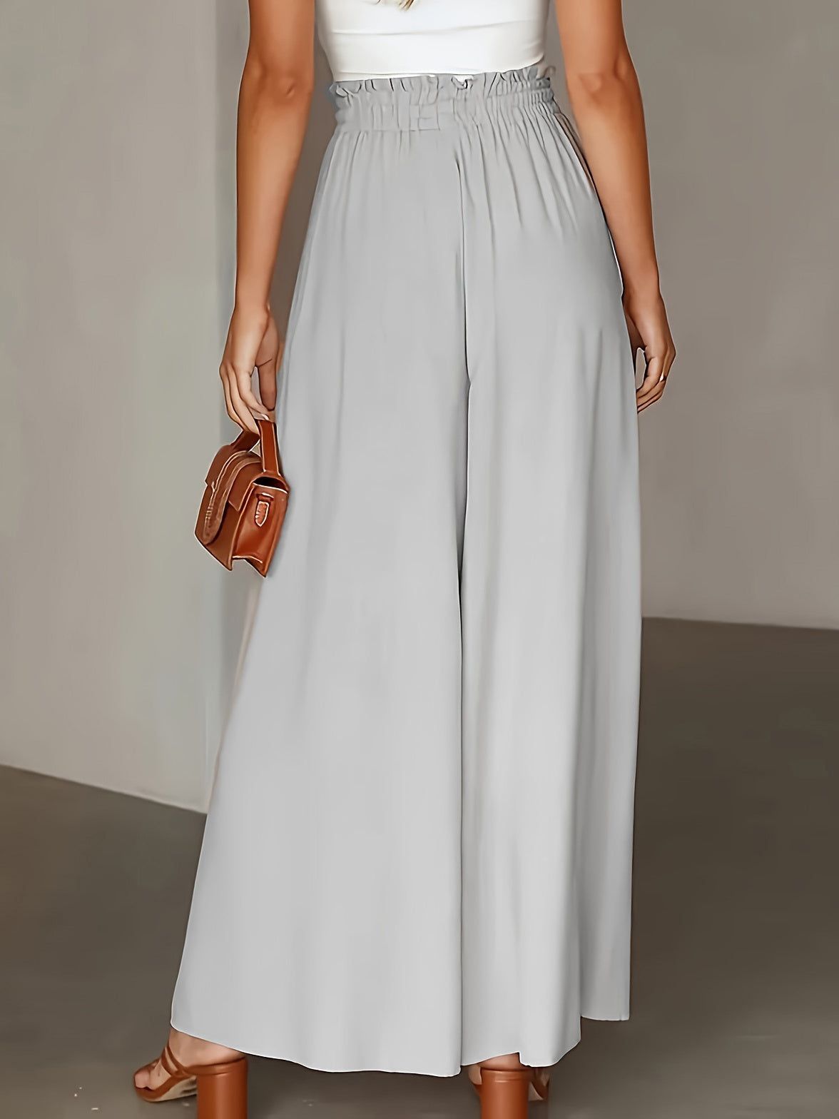 New Casual Elastic High Waist Solid Color Wide Leg Pants