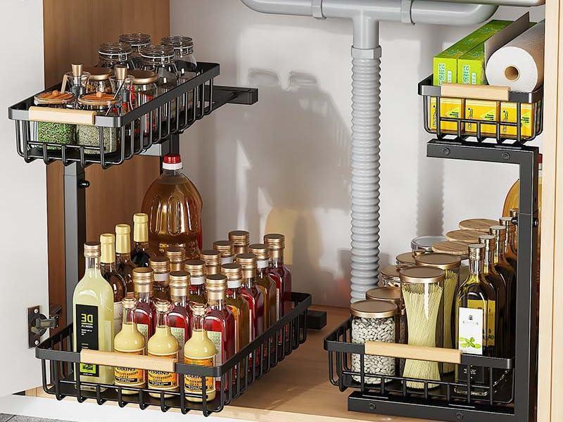Metal Adjustable Height Two-Tier Drawer Kitchen & Bathroom Under Cabinet Storage Racks