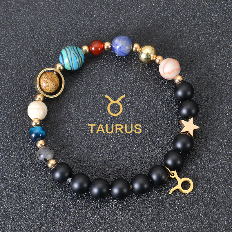 Carry the energy of the cosmos wherever you go. This Eight Planets Twelve Constellations Frosted Stone Beaded Bracelet blends.