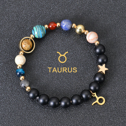 Carry the energy of the cosmos wherever you go. This Eight Planets Twelve Constellations Frosted Stone Beaded Bracelet blends.