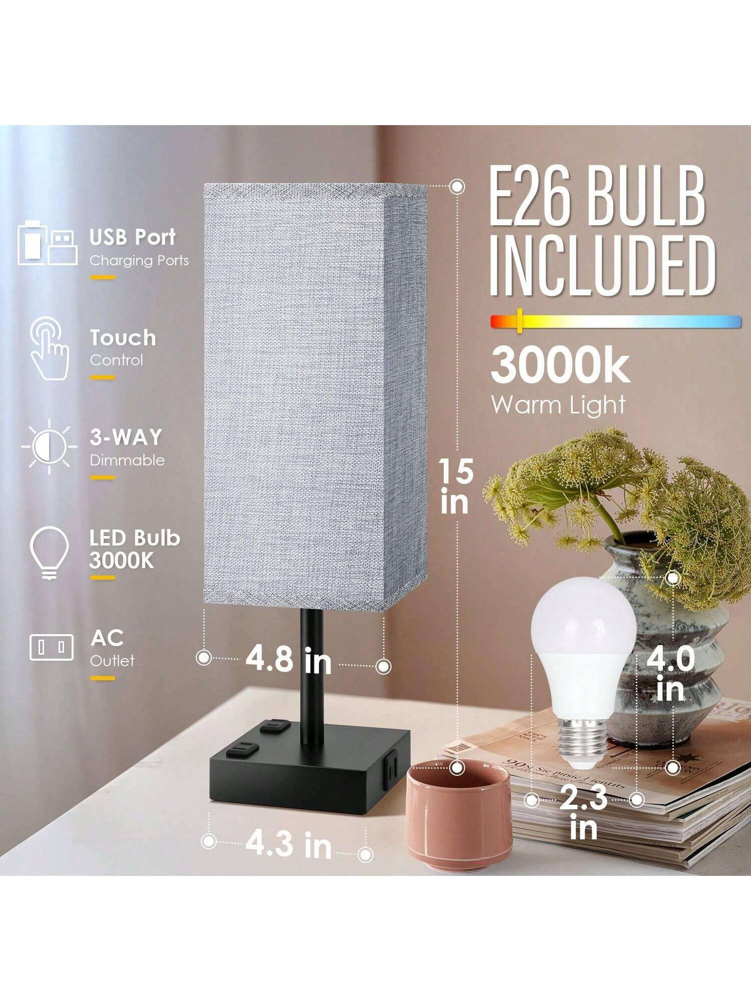 Stylish Touch Bedside Table Lamps Set of 2 - 3-Way Dimmable with USB & AC Ports, Perfect for Bedroom & Living Room (Bulb Included)