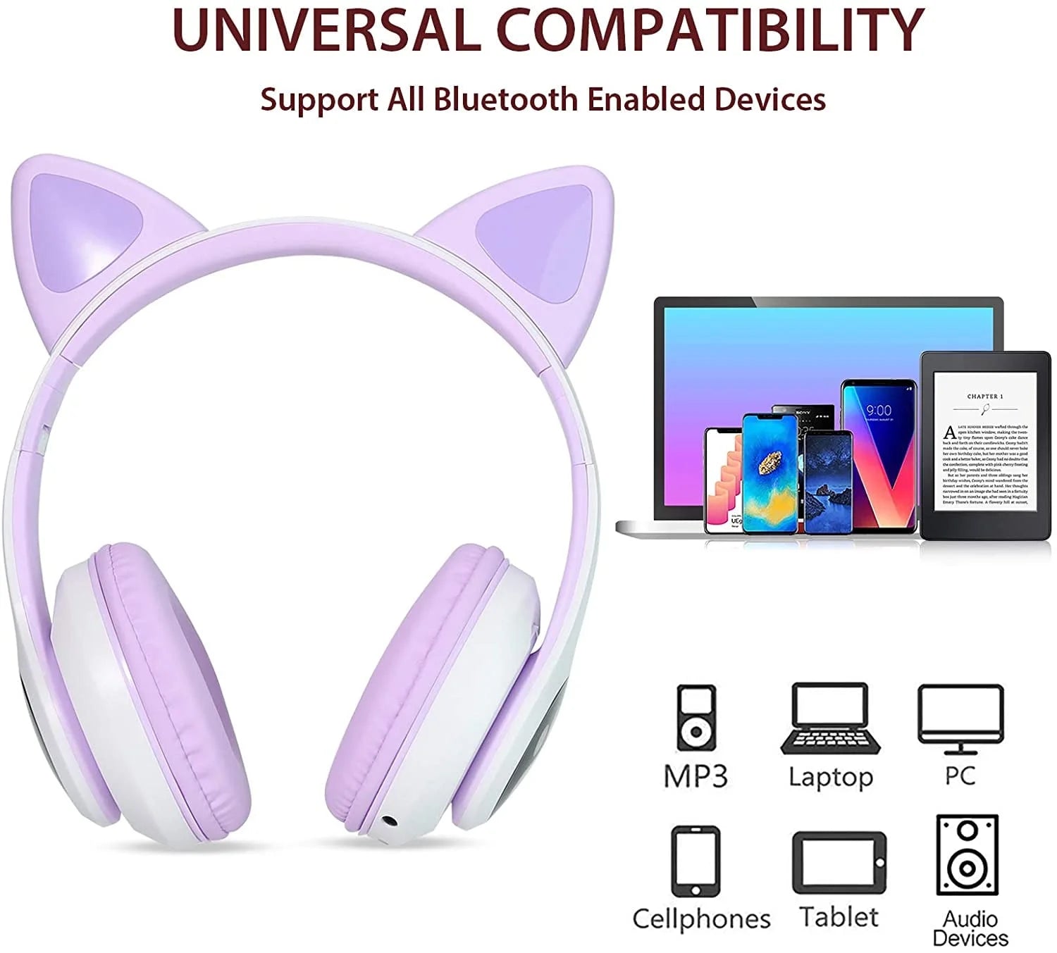 Cat Ear Wireless Bluetooth Headphones for Kids - LED Light Up, Over-Ear Design with Microphone