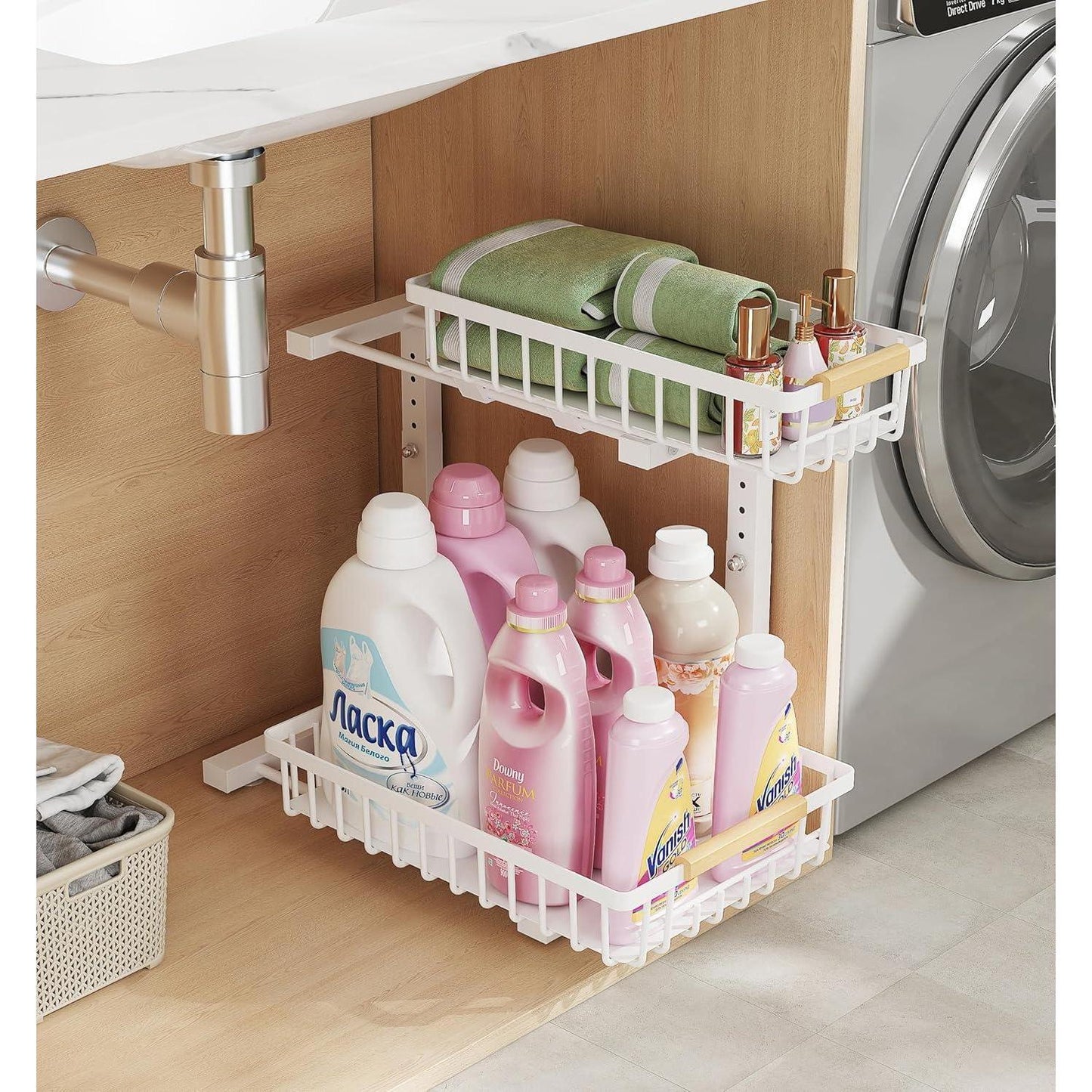 Metal Adjustable Height Two-Tier Drawer Kitchen & Bathroom Under Cabinet Storage Racks