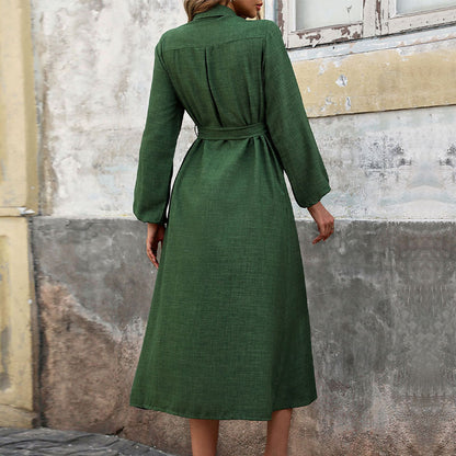 This women’s green long sleeve dress features a classic turn-down collar and solid color design for a timeless, flattering look.