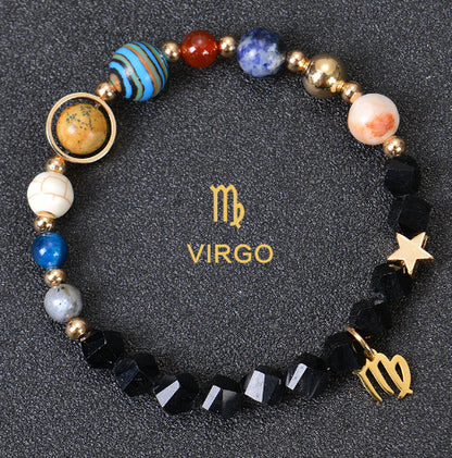 Carry the energy of the cosmos wherever you go. This Eight Planets Twelve Constellations Frosted Stone Beaded Bracelet blends.