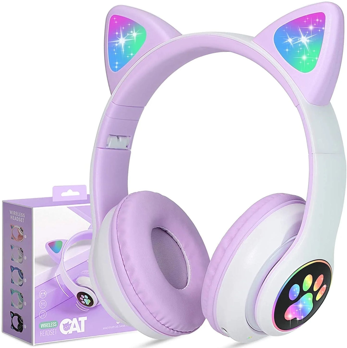 Cat Ear Wireless Bluetooth Headphones for Kids - LED Light Up, Over-Ear Design with Microphone