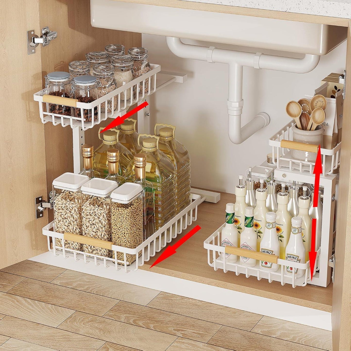 Metal Adjustable Height Two-Tier Drawer Kitchen & Bathroom Under Cabinet Storage Racks