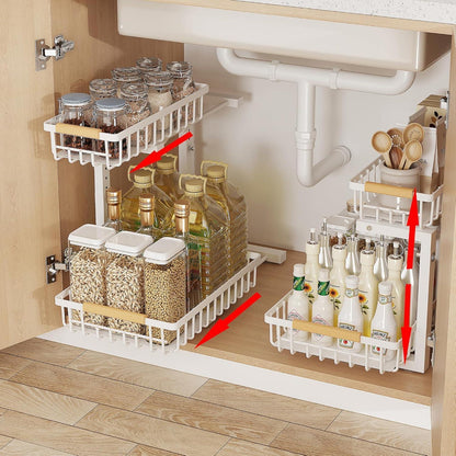Metal Adjustable Height Two-Tier Drawer Kitchen & Bathroom Under Cabinet Storage Racks